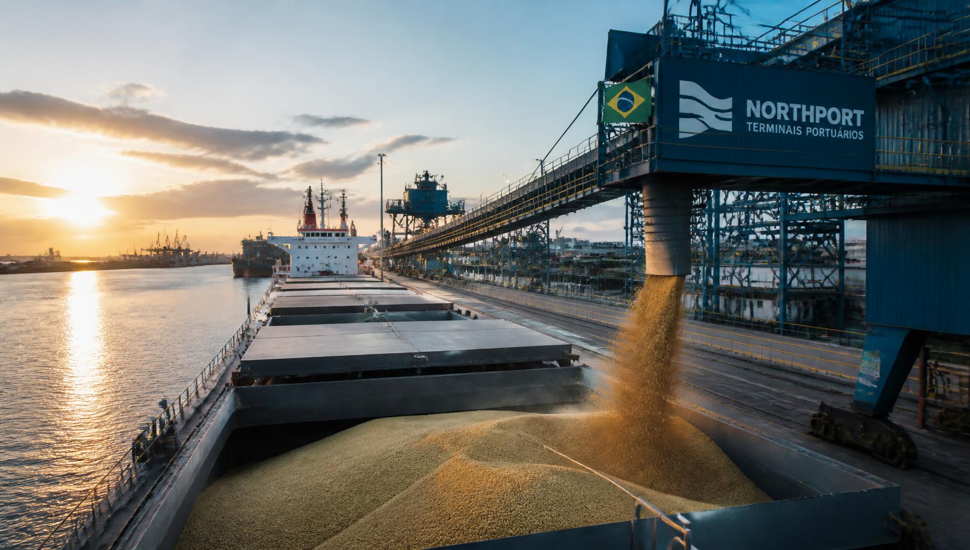 Navio graneleiro sendo carregado com soja em terminal portuário brasileiro